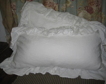 Pair of Long Ruffled Pillow Shams---White Washed Linen Ruffled Shams--Body Pillow Shams-Standard-Queen-King-Crib-Made to Order Bed Linens