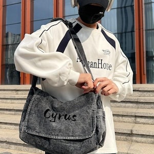 Personalized Denim Crossbody Tote Bag: Large Capacity Embroidered Shoulder Bag