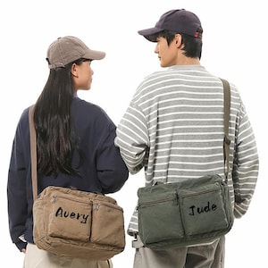 Personalized Multiple Pockets Canvas Crossbody Tote Bag, Adjustable Canvas Crossbody Bag, Men&#39;s Large Capacity Shoulder Bag, Gift for Her