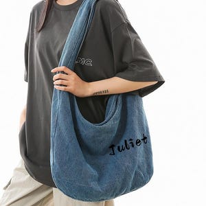 Personalized Denim Shoulder Tote Bag: Embroidered Travel Bag