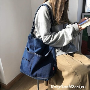 Personalized Denim Crossbody Tote Bag: Large Capacity Work Commute