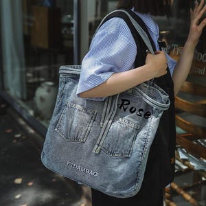 Personalized Denim Shoulder Tote: Multi-Pocket Travel Bag
