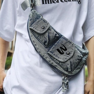 Personalized Denim Crossbody Tote Bag: Multi-Pocket Travel Sling