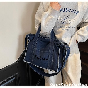 Personalisierte Denim Crossbody Einkaufstasche: Gestickte Arbeit Pendeln Tasche