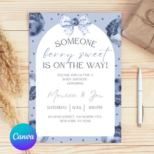 Editable Blueberry Baby Shower Invitation, Berry Sweet Baby Is On The Way Baby Shower Invite, Someone Sweet Berry Is On The Way Canva