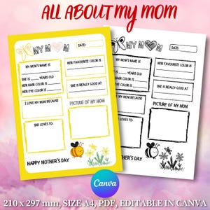 Mother’s Day Coloring Page – Yellow Version | All About My Mom | Editable Canva Template | Instant Download