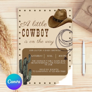 Editable  A Little Cowboy Baby Shower Invitation – Western Theme Editable Canva Template – Rustic Barnyard Country Baby Boy Invite
