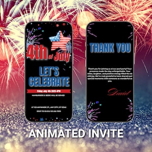 Invitation animée du 4 juillet - Feux d'artifice eVite modifiables pour un barbecue ou un feu de joie - Modèle numérique de fête de la fête de l'indépendance