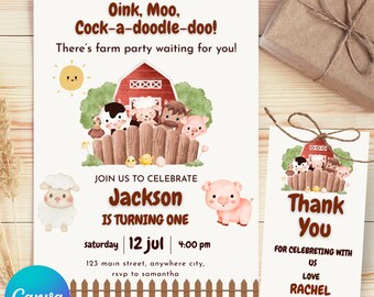Invitación de primer cumpleaños de animales de granja, plantilla de fiesta Oink Moo Cock-a-doodle-doo, invitación de primer cumpleaños editable de Canva y etiqueta de agradecimiento