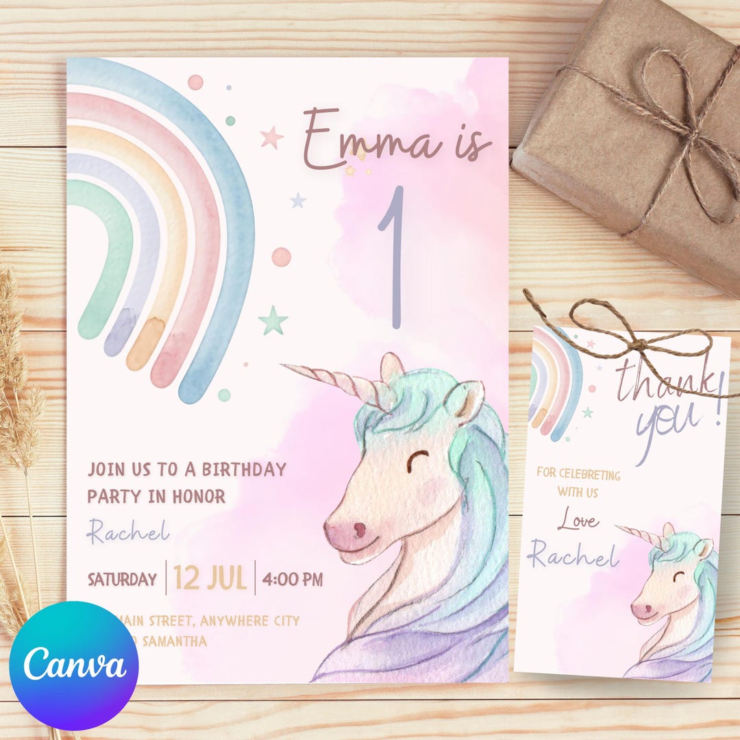 Unicorn First Birthday Invitation Template & Thank You Tag | 1st Bday ...