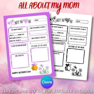 Página de Memórias Tudo Sobre Minha Mãe – Tema Lavanda Calma | Presente de Dia das Mães para Imprimir de Crianças | Canva Editável