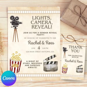 May include: Vintage-style gender reveal party invitation with a movie theme. Features a film camera, popcorn, and clapperboard illustrations. The invitation reads "Lights, Camera, Reveal!" and includes event details.