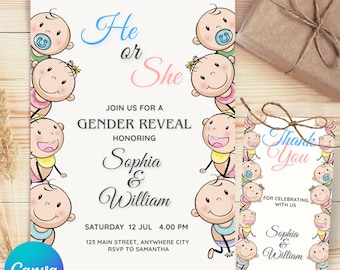 Schattige cartoon baby's geslacht onthullen uitnodiging sjabloon bewerkbare canva hij of zij jongen meisje blauw roze digitale babyshower strooi uitnodigen
