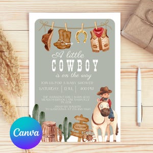 Editable Boho Cowboy Baby Shower Invitation – A Little Cowboy Is Coming – Editable Canva Template – Rustic Watercolor Western Baby Invite