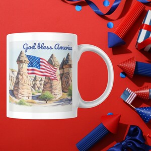 4th of July Mug Wrap “God Bless America” with Natural Rock Formations, Patriotic Sublimation Design for 11oz & 15oz Mugs, Digital Download