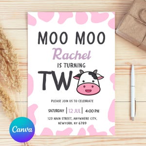 Holy Cow 2nd Birthday Invite, Pink Cowgirl Birthday Invitation, Editable Moo Moo Party Template, Western Farm Girl Party Digital Download