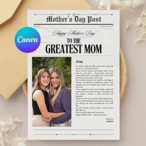Editable Mother’s Day Newspaper Template, Mom Gift,Personalized Canva Design, Flower Bouquet, Add Photo Name, Instant Download