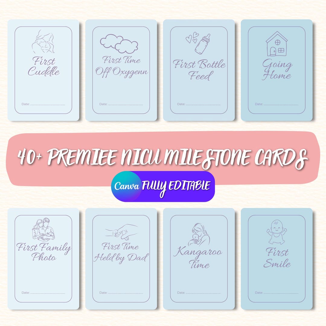 Blue NICU Milestone Cards | Preemie Baby Monthly Milestones | Printable ...