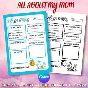 All About My Mom Coloring Page – Blue Theme | Editable Mother’s Day Gift from Kids | Preschool & Kindergarten Printable Craft