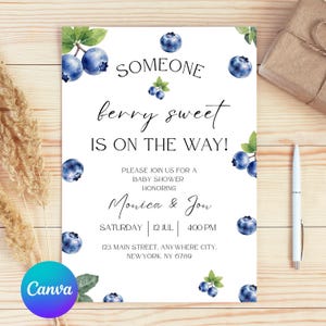 Blueberry Baby Shower Invitation Template – A Sweet Little Berry is on the Way – Editable Canva – Gender Neutral Digital Invite