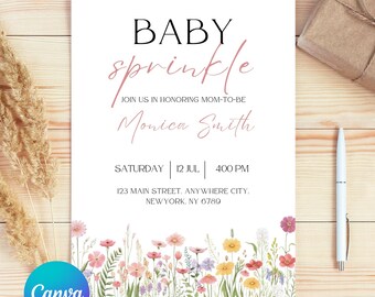 Editable Floral Baby Sprinkle Invitation – Gender Neutral Canva Template – Instant Download – Printable Baby Shower Invite