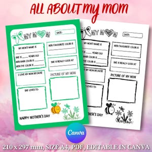 All About My Mom Coloring Page – Green Theme | Editable Mother’s Day Gift from Kids | Preschool & Kindergarten Printable Activity