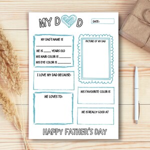 Father’s Day Coloring Page, All About My Dad,Dad questionnaire, Kindergarten Kids Activity Gift, A4 & US Letter PDF, Instant Download