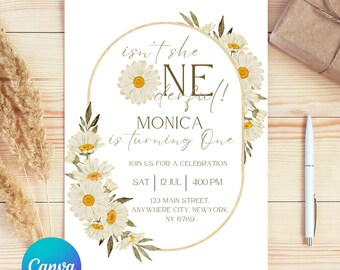May include: White invitation card with daisy floral design. The text reads "isn't she wonderful!" and "Monica is turning One." Additional text includes event details: date, time, and location. The Canva logo is visible in the bottom left corner.