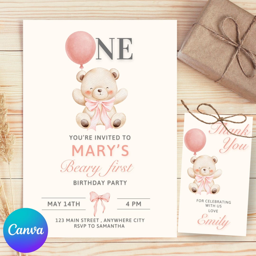 Beary First Birthday Invitation Template Girl, Teddy Bear 1st Birthday ...