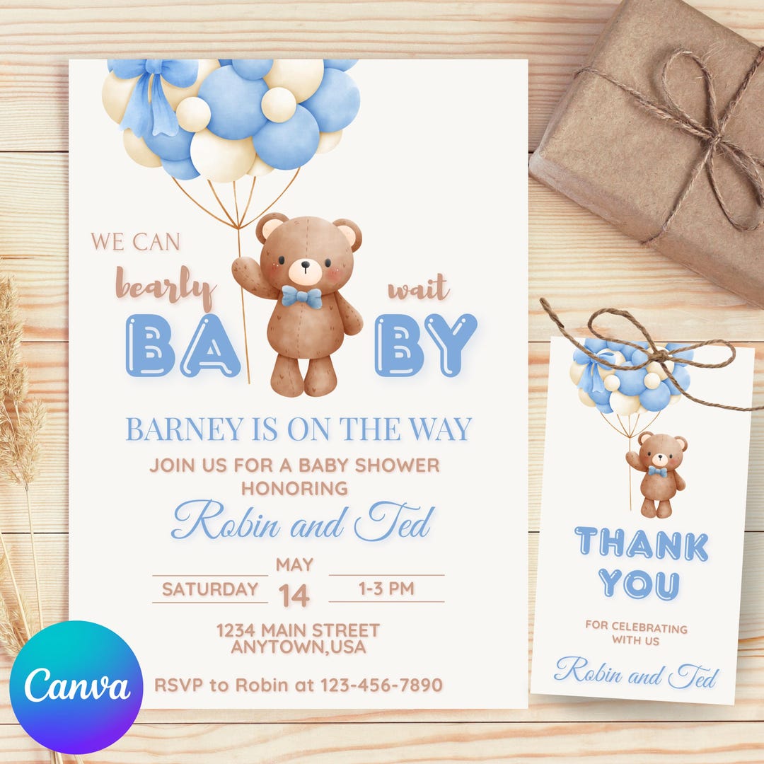 Editable Blue Teddy Bear Baby Shower Invitation Boy We Can Bearly Wait ...