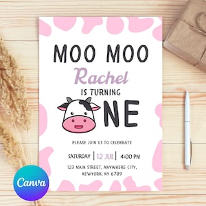 Bewerkbare Holy Cow Moo Moo verjaardagsuitnodiging, Holy Cow uitnodiging, roze cowgirl uitnodiging, 2e verjaardagsuitnodiging Canva Instant Download