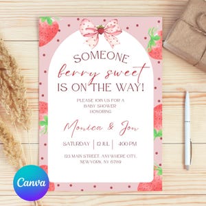 Berry Sweet Baby Shower Invitation EDITABLE, Strawberry Baby Shower Invite Blush Berry Sweet Invite Girl Baby Shower Invite Instant Download