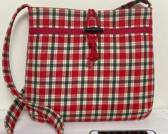 Shoulder bag, Plaid, Crossbody, Cloth Purse, Flannel, Red and Green Plaid, Gift idea, Winter, hobo bag, USA, Slouchy, Christmas, Handmade