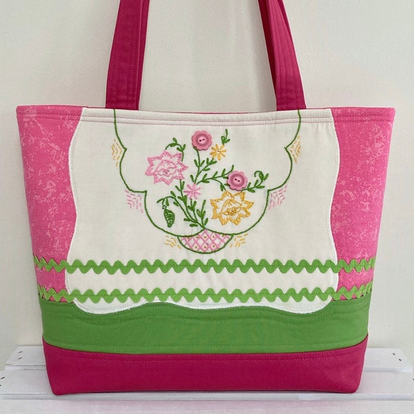 Spring Handbag, Tote Bag, vintage embroidery, Retro, Pink Rose, Green, Cloth purse, Tote, repurposed, 15 x 12, OOAK, LizBagz, USA