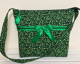 Shoulder Bag, Shamrocks, St. Patricks Day, Cloth Purse, with Zipper, Emerald Green, Black, Satin Ribbon Bow, Handmade Handbag, LizBagz, USA