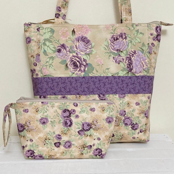 Rosas lavanda, Shabby chic, tote, lg. Juego de bolsos, amatista, rosa anticuada, rosas de la cabaña, púrpura, cremallera, bolsa cosmética, 14x12x4