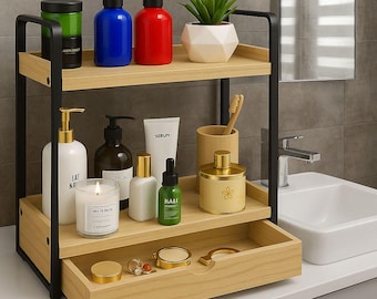 2-Tier Bathroom Countertop Organizer with Drawer, Wooden Vanity Storage Shelf for Bathroom, Kitchen, Office Decor and Organization Tray
