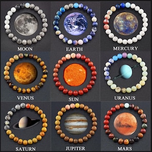 May include: Nine colorful beaded bracelets, each featuring a different planet from our solar system. The planets are depicted in their natural colors and include the Sun, Moon, Mercury, Venus, Earth, Mars, Jupiter, Saturn, and Uranus.