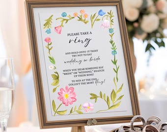 Hand gezeichnete Hochzeit Zeichen Ring Spiel Brautparty bunte Blumen Zeichen Aquarell rustikale Wildblumen Verlobungsring Spiel Brautparty Spiele