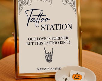 Letrero de tatuaje para boda de Halloween, plantilla de Halloween, tatuaje para boda, decoración de Halloween, letrero de tatuaje, recuerdos, letrero gótico, estación de tatuaje temporal