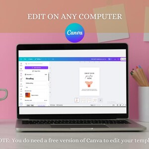 May include: A laptop computer screen displaying a Canva design template for a party game. The template has a pink background and the text "DROP YOUR PANTIES HERE". The text is in a white font. The laptop is on a white surface with a pink background.