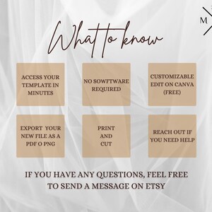 May include: A beige background with brown text outlining the steps to use a digital template. The text reads "What to know", "Access your template in minutes", "No software required", "Customizable edit on Canva (free)", "Export your new file as a PDF or PNG", "Print and cut", "Reach out if you need help", and "If you have any questions, feel free to send a message on Etsy".