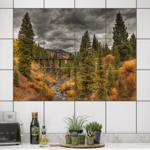 Mural de azulejos cerámicos con caballete de tren de Colorado, protector contra salpicaduras de cocina en Trout Lake, Colorado, mural decorativo de Colorado, arte mural en Telluride, Colorado