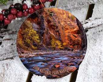 Zion National Park Ornament - Stunning Fall Scene at the Narrows, Perfect Keepsake for Outdoor Enthusiasts! Labeled With Park Name