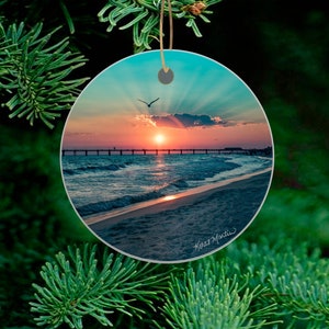 Ocean Ornament with Beautiful Ocean Sunset, Beautiful Ocean Art for Christmas Tree,  Wood or Ceramic, Oklaloosa, Destin Florida