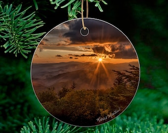 Blue Ridge Mountain Ornament Ceramic with Sunset along Blue Ridge Parkway,  Beautiful Blue Ridge Mountain for Christmas Tree  or Memorabilia