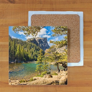 Emerald Lake Coaster, Colorado Rocky Mountain National Park Ornament Dream Lake Photo, Matte Ceramic Coaster
