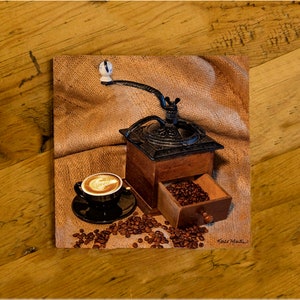 Old Coffee Grinder  Coffee Art Coaster, coffee coaster,  Decorative Matte Finish Ceramic Tile, Coffee Drink Coaster