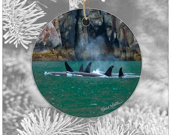Whale Ornament with Orcas Pod Photograph, Seward Alaska Ornament, Killer Whale Ornament, Whale Art Christmas Tree ornament, ocean ornament