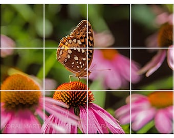 Butterfly & Coneflower Tile Mural - Colorful Kitchen Backsplash, Unique Wall Deco